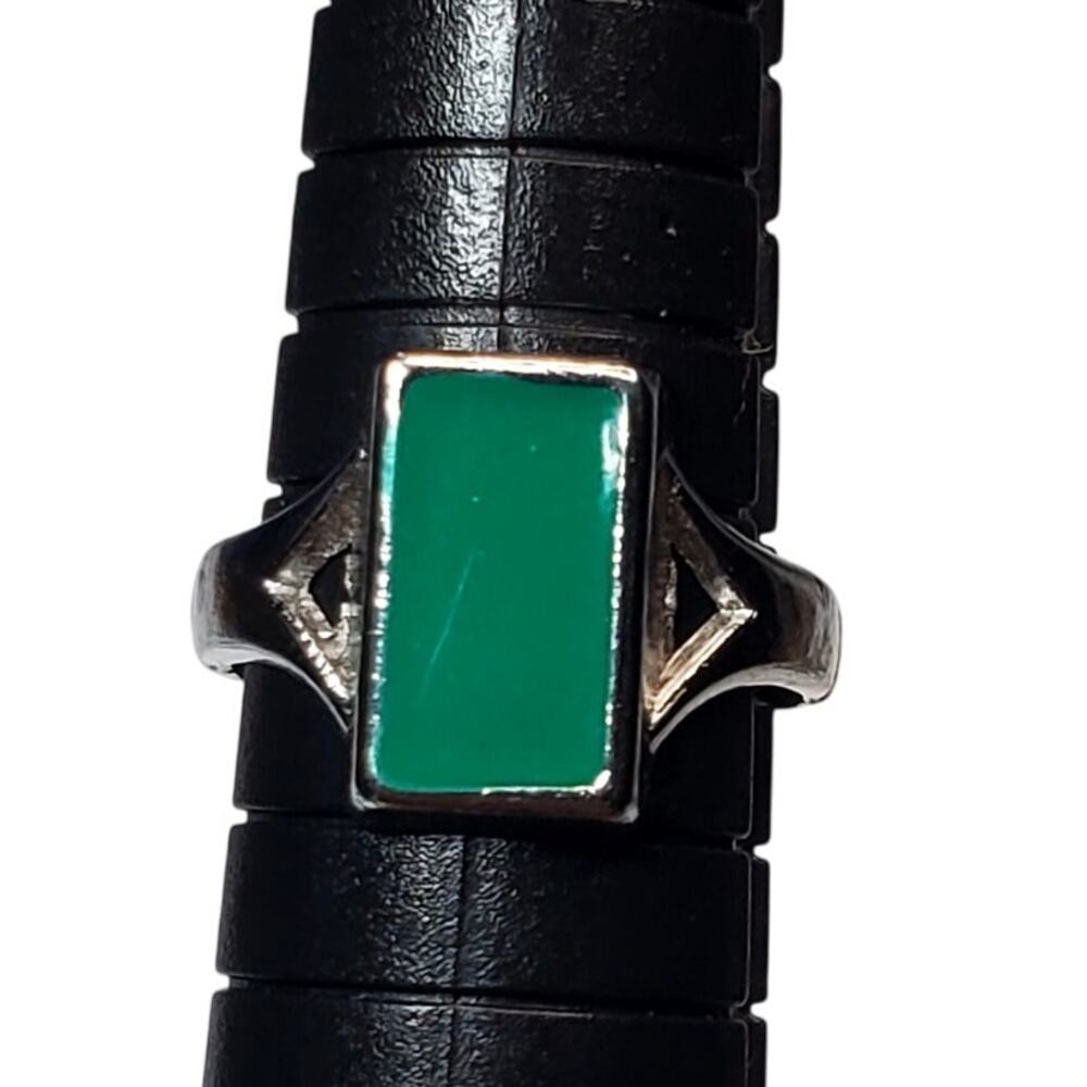 Silver Tone Green Enamel Rectangle Unsigned Sz 5.5 Minimalist